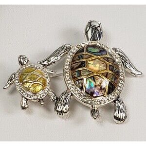 Vintage Signed Napier Turtle With Baby Abalone Shell & Rhinestone Accents Brooch